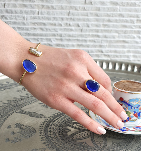 Royal Blue Cat’s eye and Pearl Bangle and Ring Set